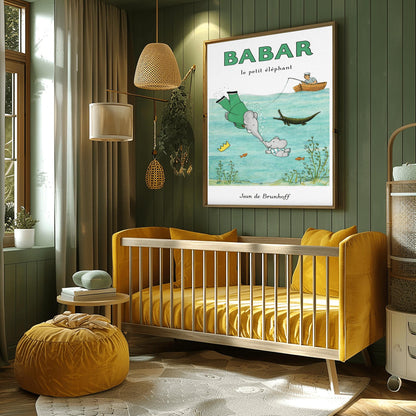 Babar the Elephant Swimming Poster - Vintage French Storybook Art - Jean de Brunhoff Illustration