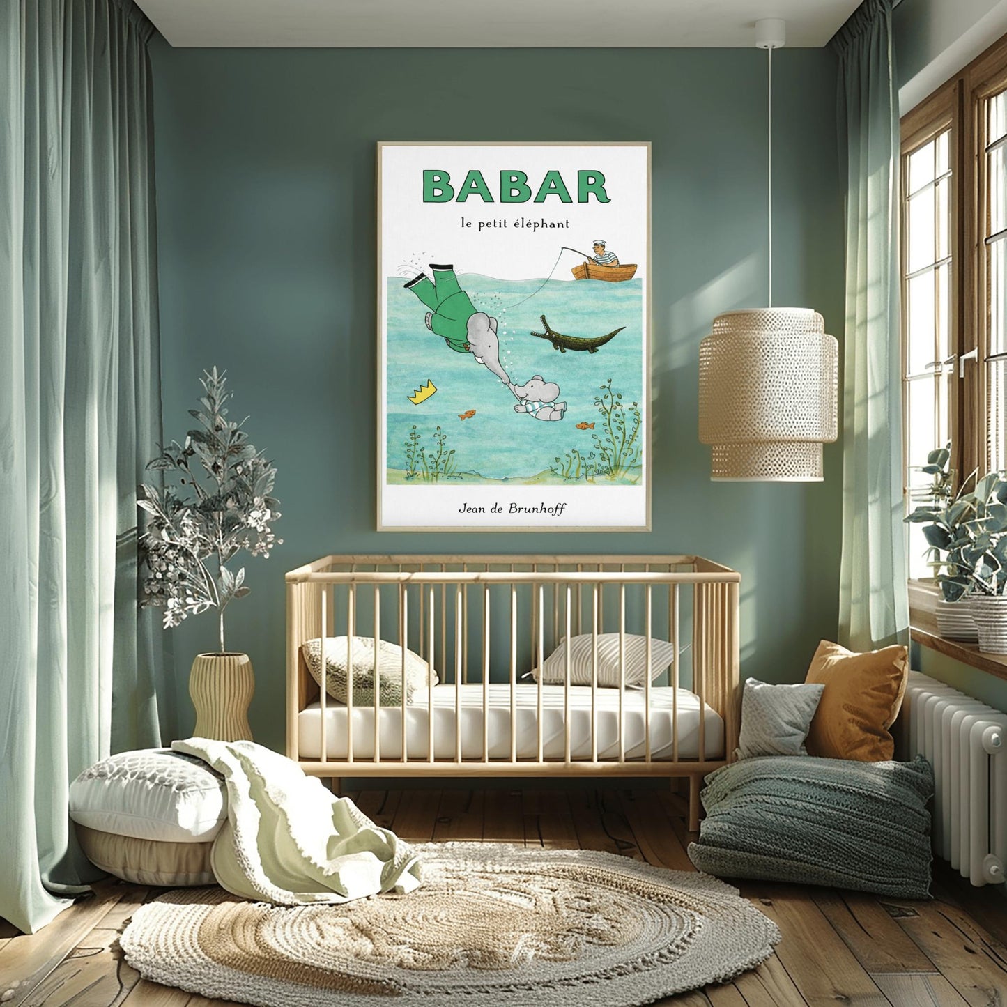 Babar the Elephant Swimming Poster - Vintage French Storybook Art - Jean de Brunhoff Illustration