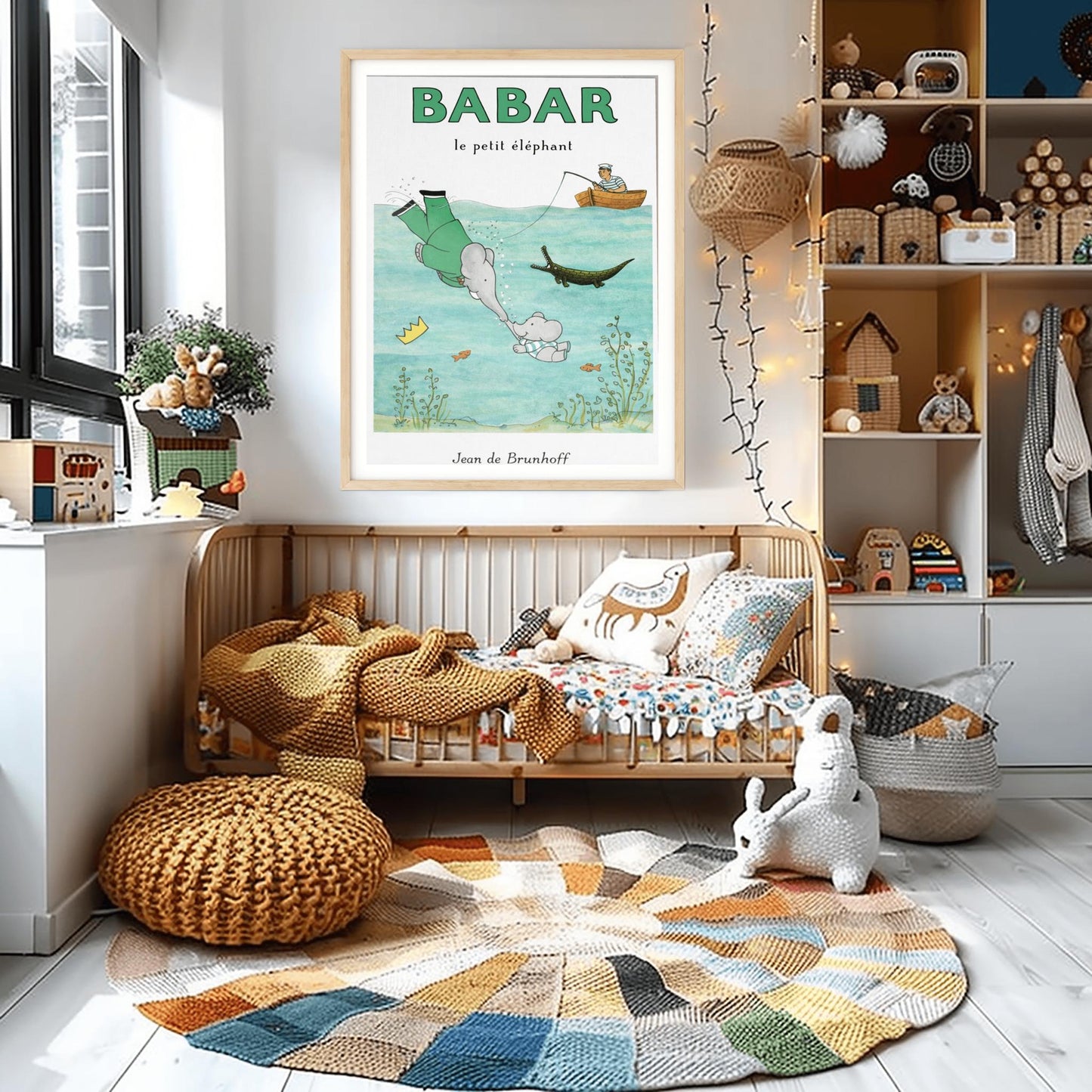 Babar the Elephant Swimming Poster - Vintage French Storybook Art - Jean de Brunhoff Illustration