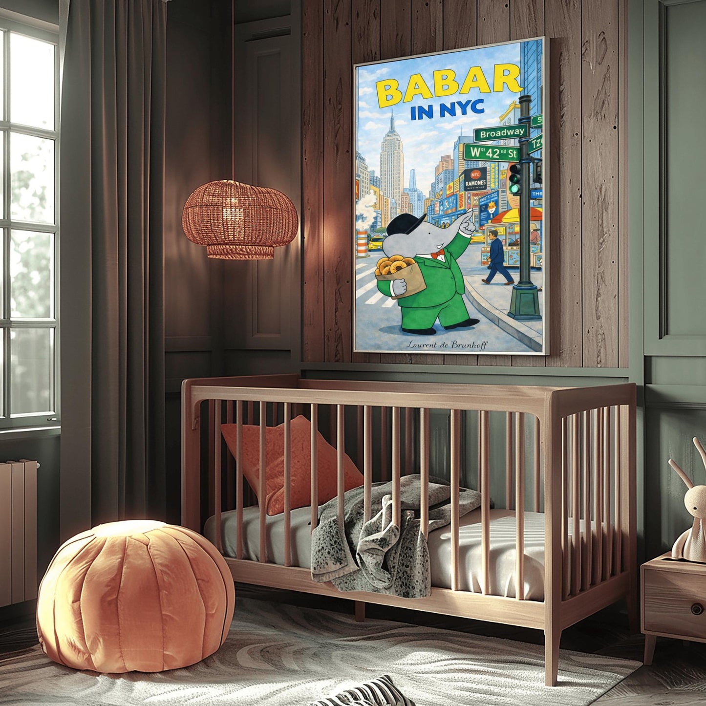 Babar in NYC Poster - Times Square New York Wall Art - Vintage Elephant Travel Print