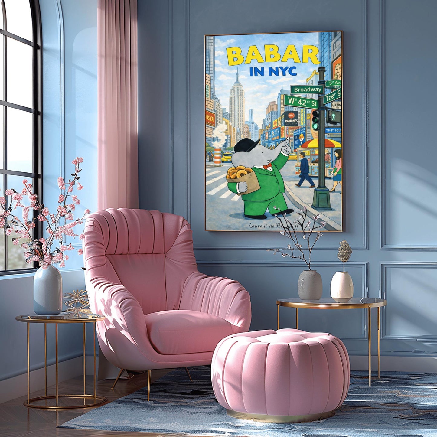 Babar in NYC Poster - Times Square New York Wall Art - Vintage Elephant Travel Print