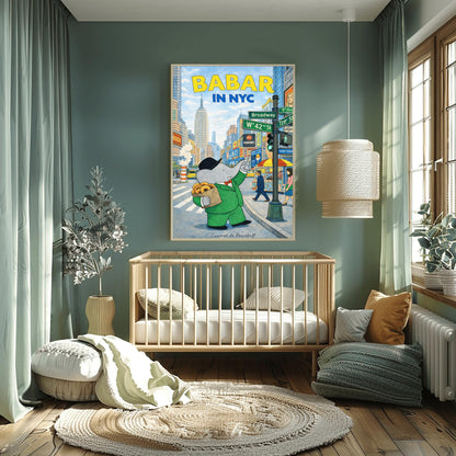 Babar in NYC Poster - Times Square New York Wall Art - Vintage Elephant Travel Print