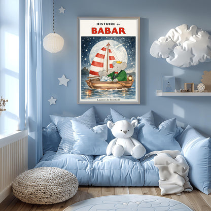 Babar the Elephant Sailing Print - Vintage Night Sky Nursery Art