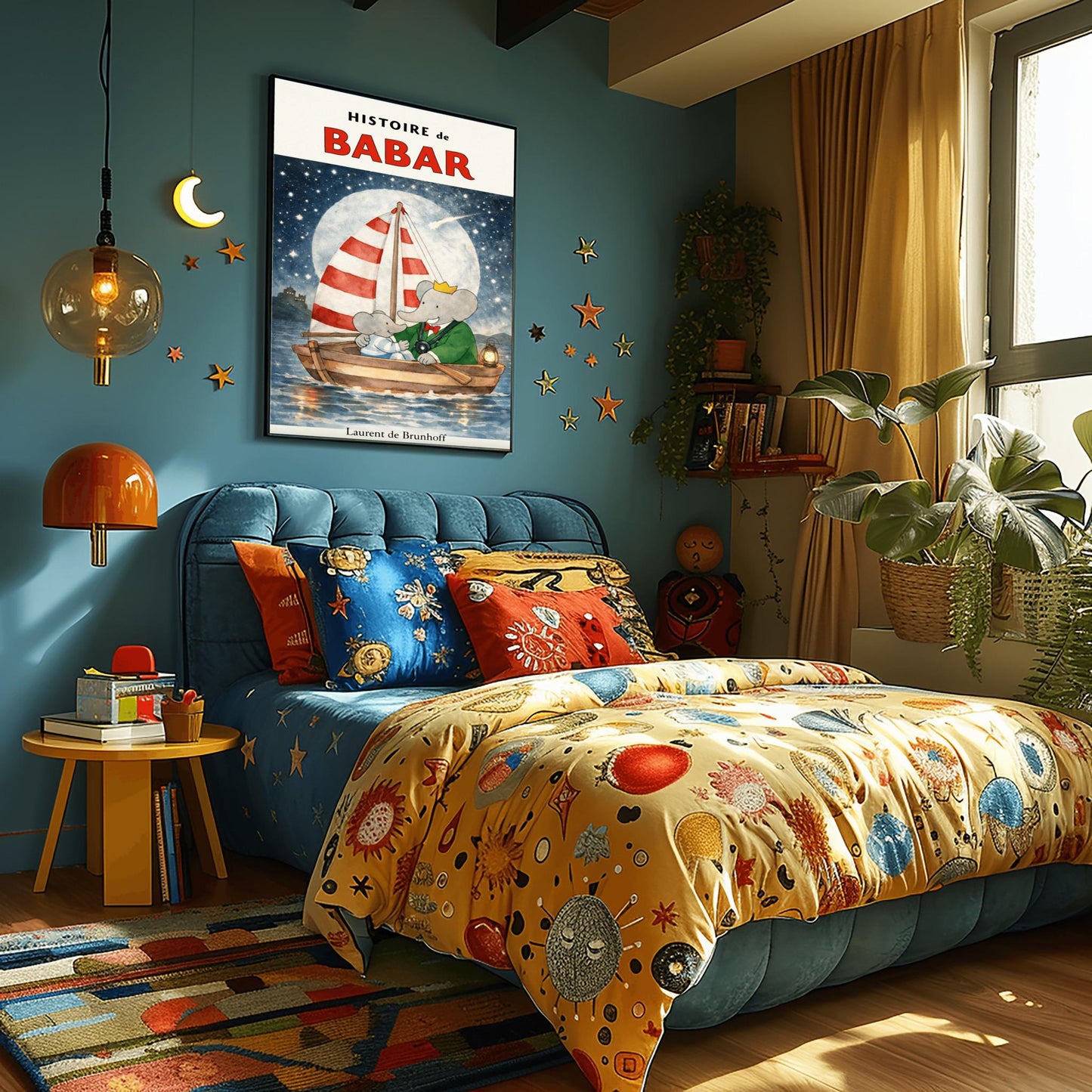 Babar the Elephant Sailing Print - Vintage Night Sky Nursery Art