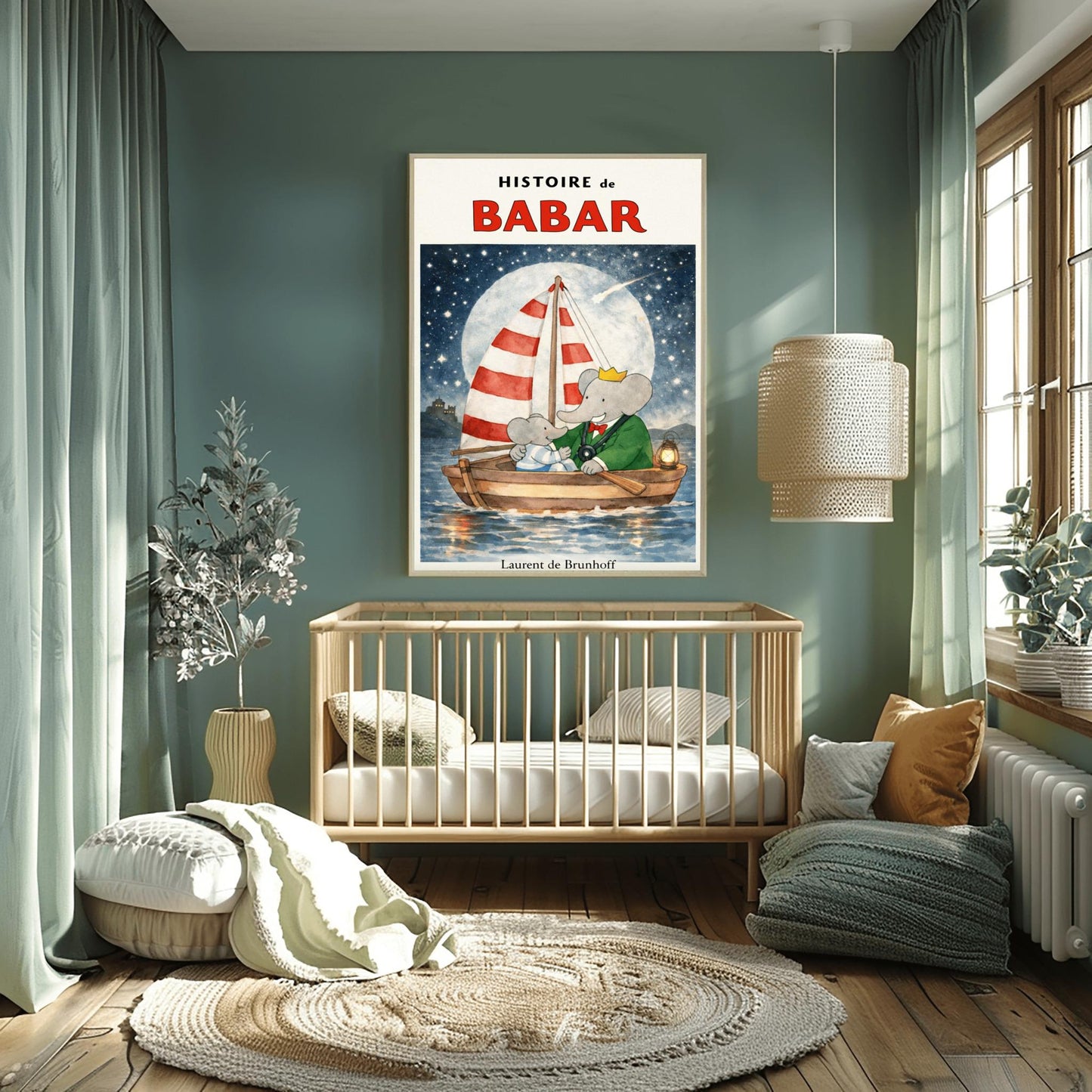 Babar the Elephant Sailing Print - Vintage Night Sky Nursery Art
