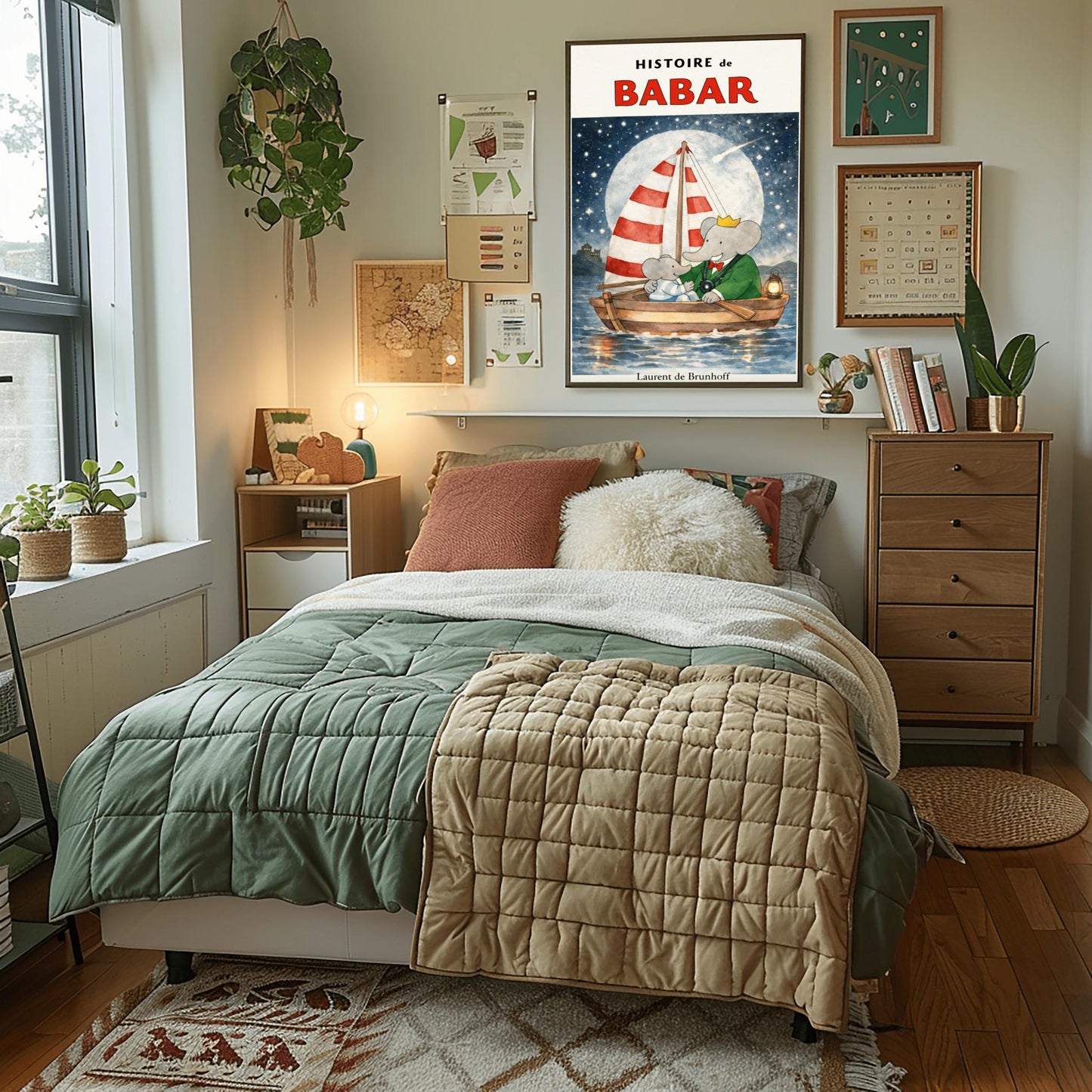 Babar the Elephant Sailing Print - Vintage Night Sky Nursery Art