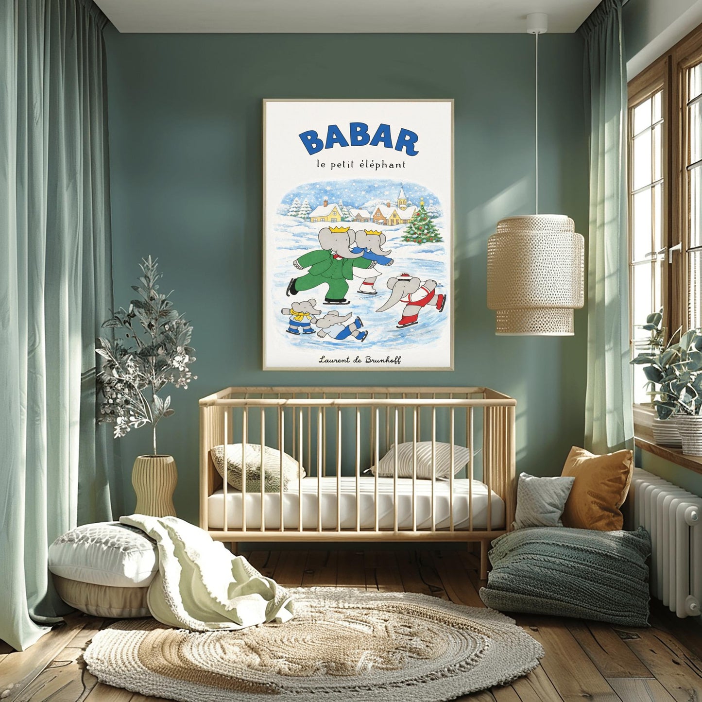 Babar the Elephant Ice Skating Print - Vintage French Nursery Art