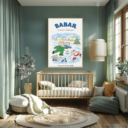 Babar the Elephant Ice Skating Print - Vintage French Nursery Art