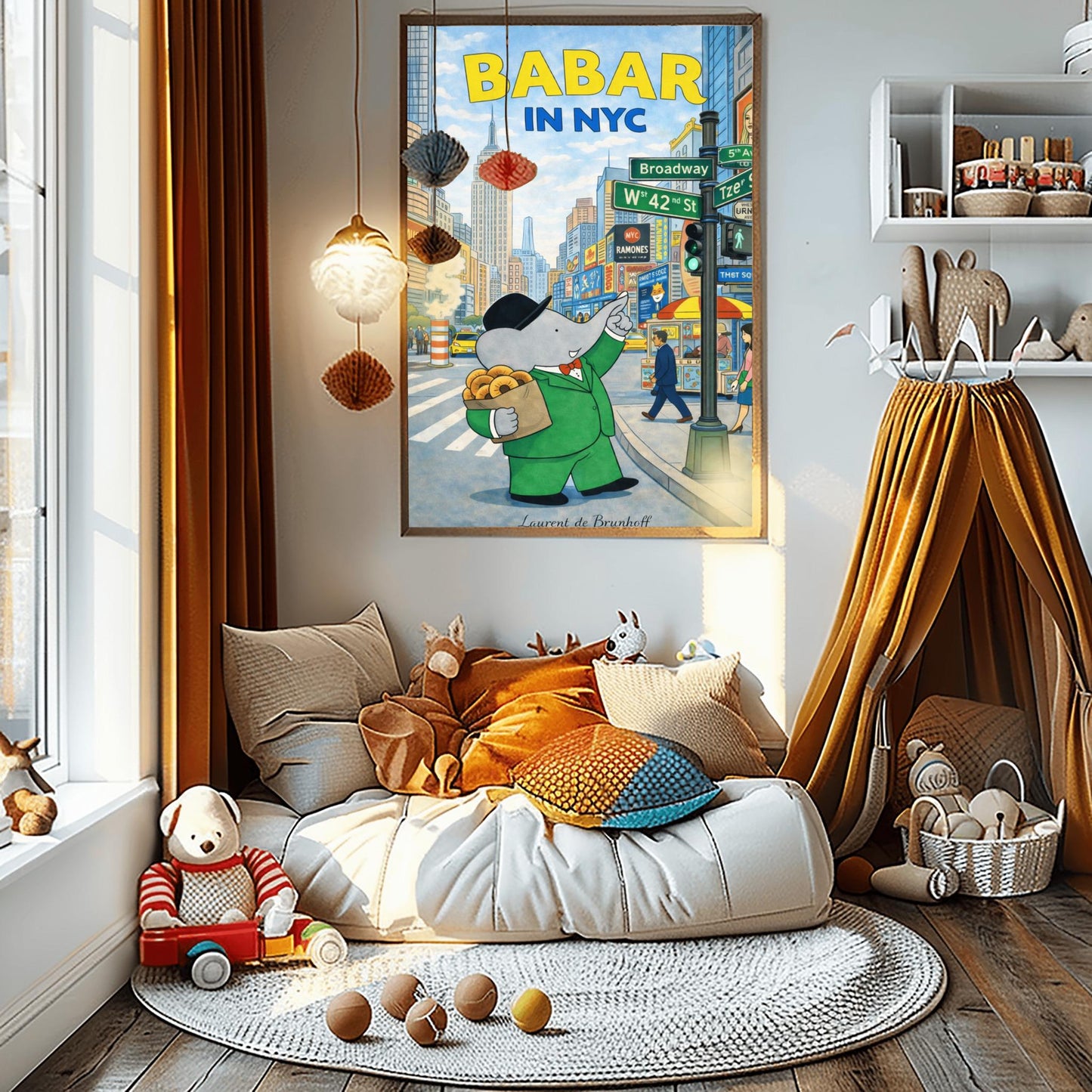Babar in NYC Poster - Times Square New York Wall Art - Vintage Elephant Travel Print