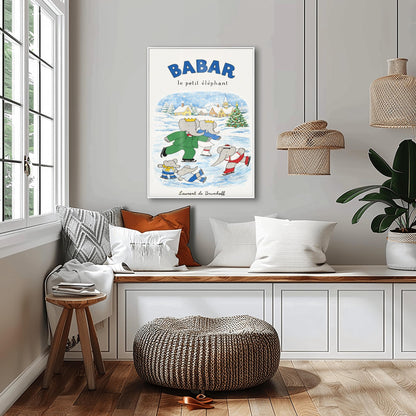 Babar the Elephant Ice Skating Print - Vintage French Nursery Art