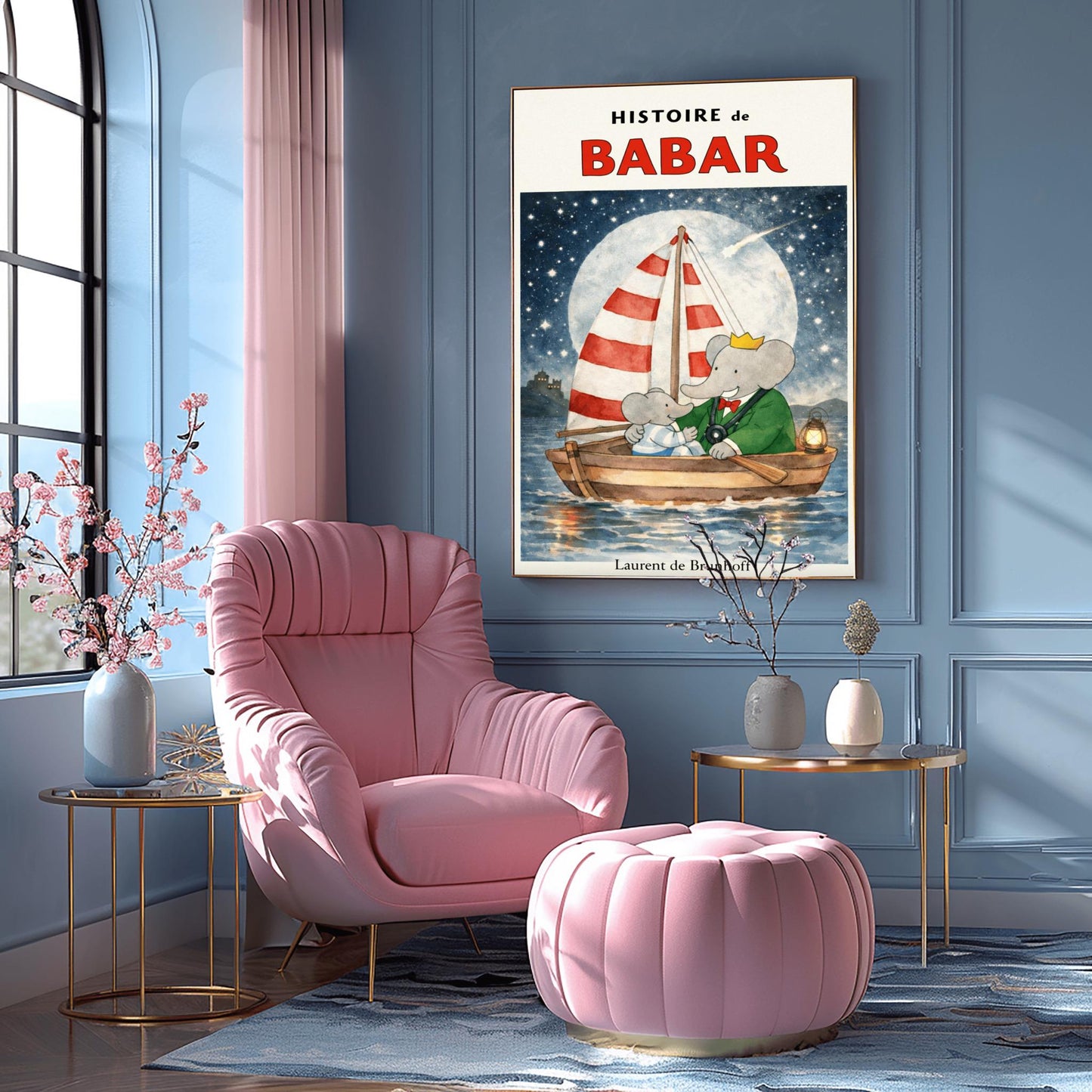 Babar the Elephant Sailing Print - Vintage Night Sky Nursery Art