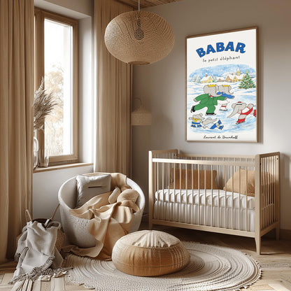 Babar the Elephant Ice Skating Print - Vintage French Nursery Art