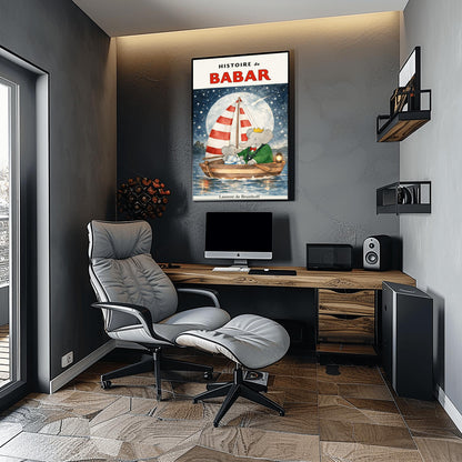 Babar the Elephant Sailing Print - Vintage Night Sky Nursery Art