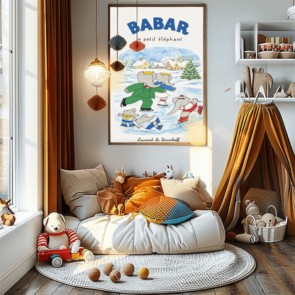 Babar the Elephant Ice Skating Print - Vintage French Nursery Art