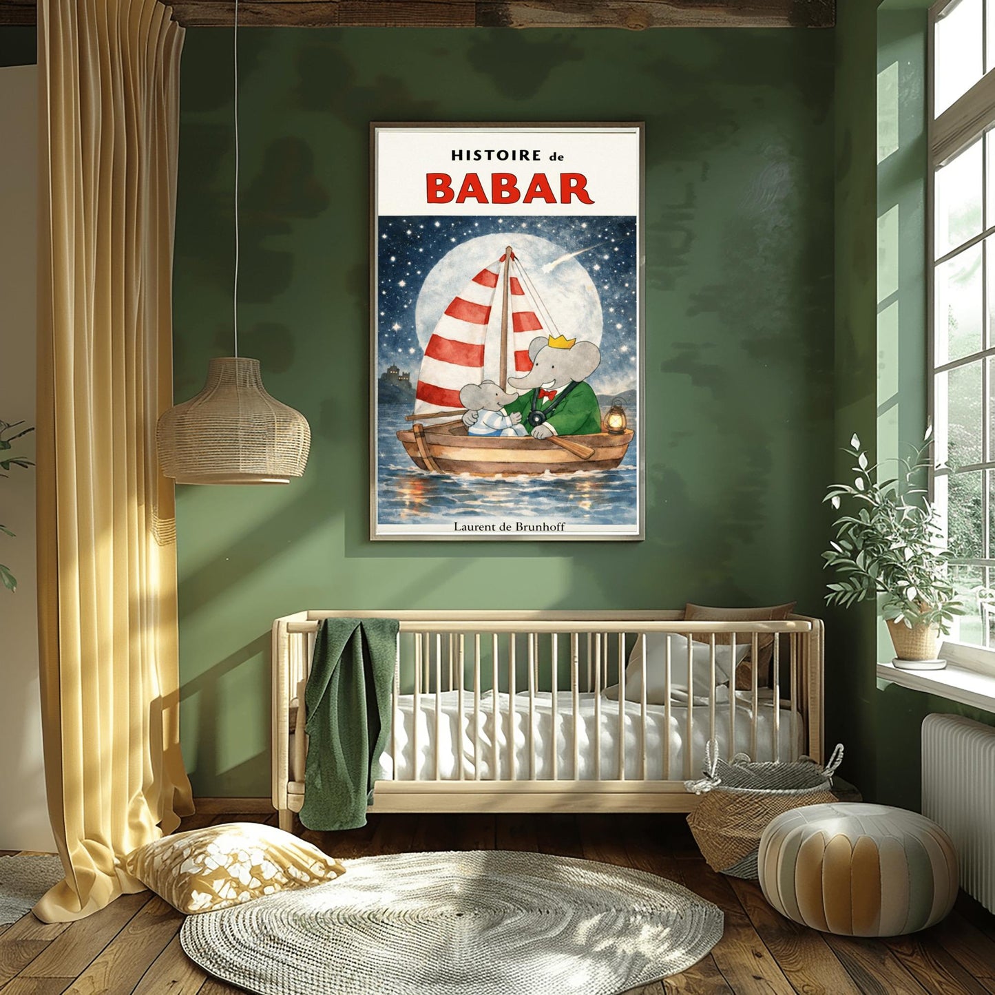 Babar the Elephant Sailing Print - Vintage Night Sky Nursery Art