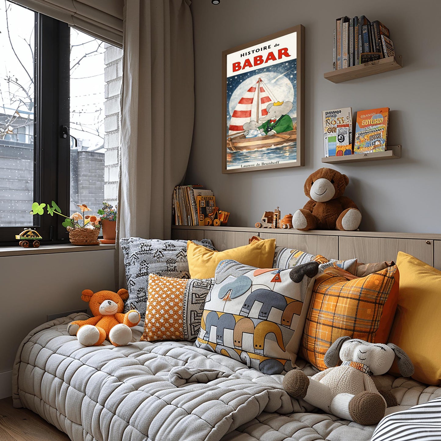 Babar the Elephant Sailing Print - Vintage Night Sky Nursery Art