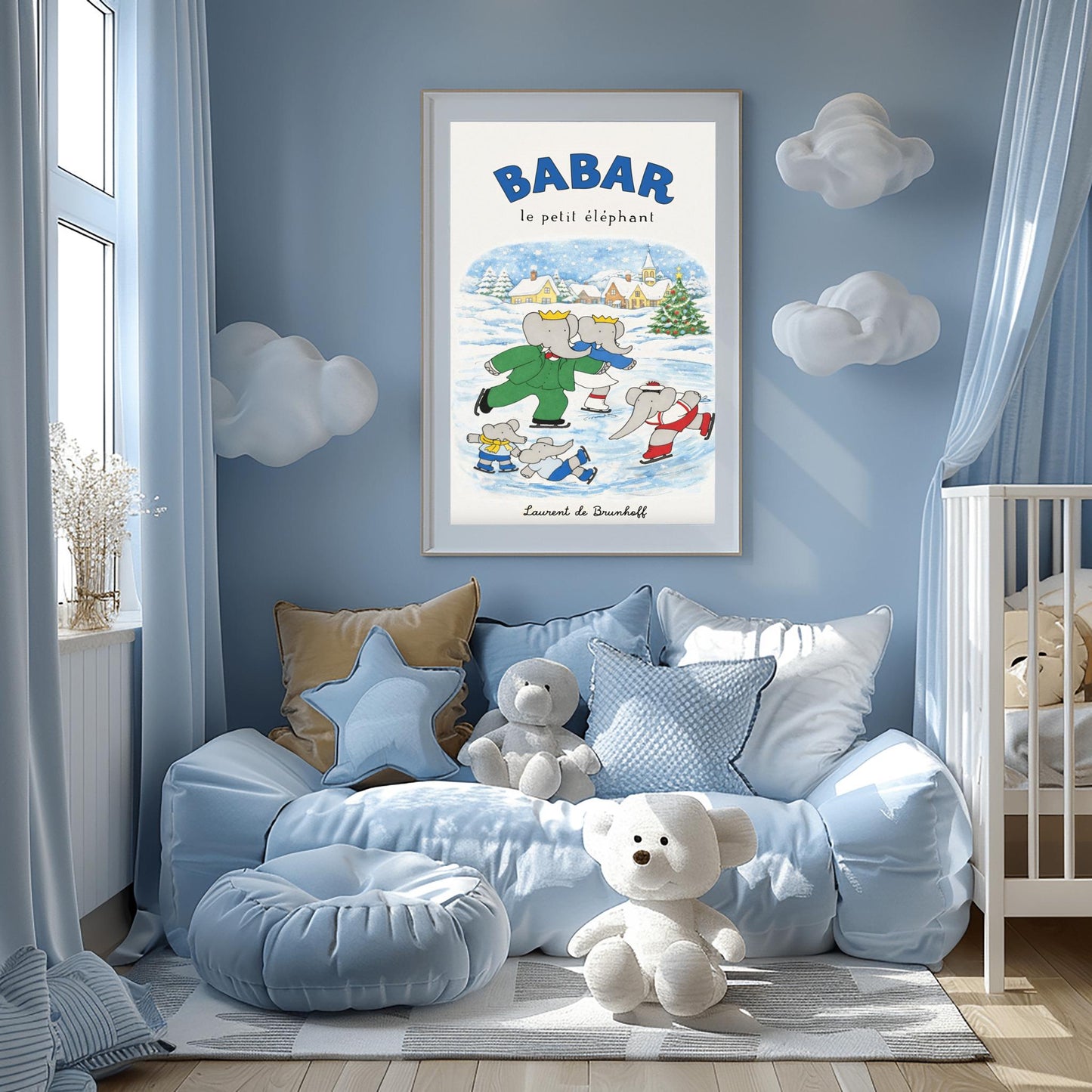 Babar the Elephant Ice Skating Print - Vintage French Nursery Art