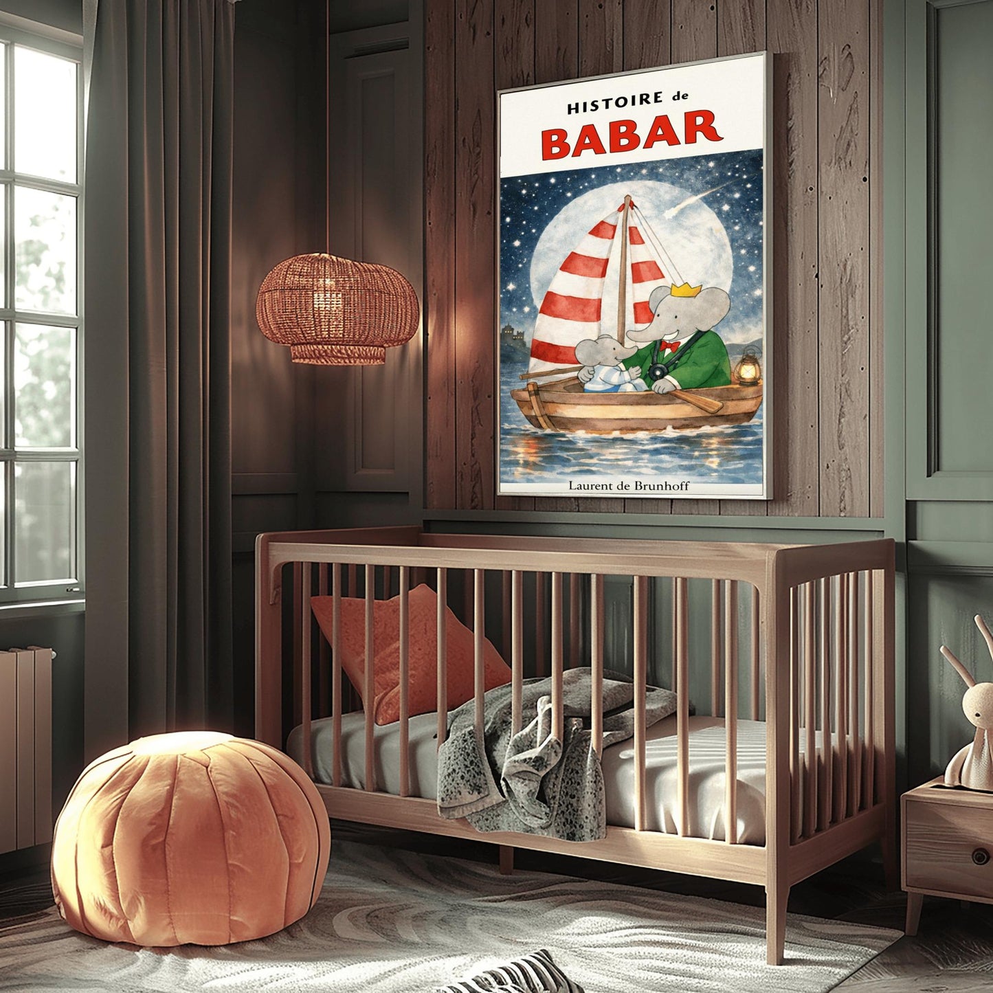 Babar the Elephant Sailing Print - Vintage Night Sky Nursery Art