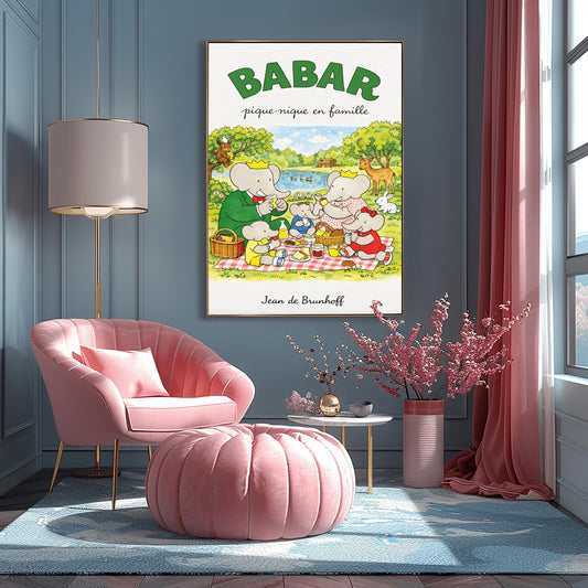 Babar Family Picnic Poster - Vintage French Storybook Art - Jean de Brunhoff Illustration