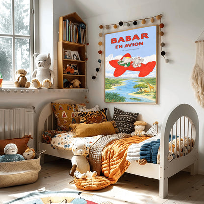 Babar en Avion Print - Vintage French Airplane Illustration