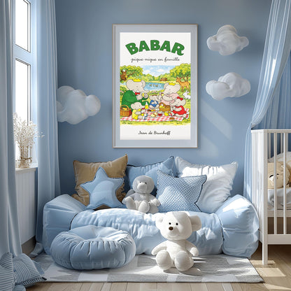 Babar Family Picnic Poster - Vintage French Storybook Art - Jean de Brunhoff Illustration