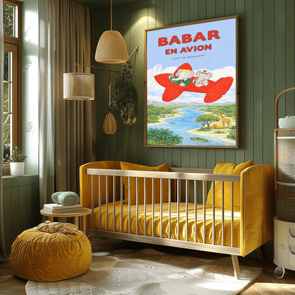 Babar en Avion Print - Vintage French Airplane Illustration