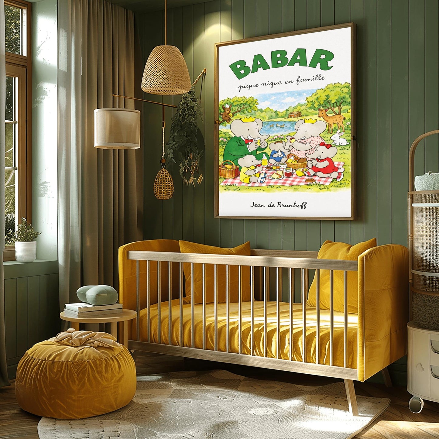 Babar Family Picnic Poster - Vintage French Storybook Art - Jean de Brunhoff Illustration
