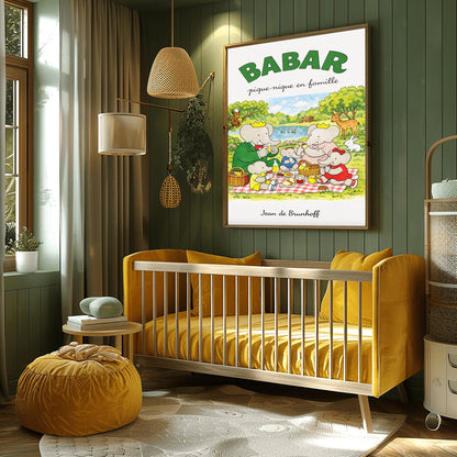 Babar Family Picnic Poster - Vintage French Storybook Art - Jean de Brunhoff Illustration
