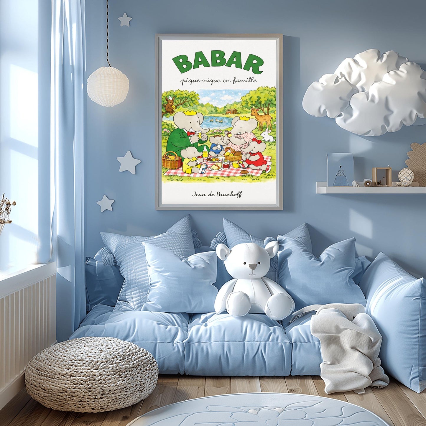 Babar Family Picnic Poster - Vintage French Storybook Art - Jean de Brunhoff Illustration