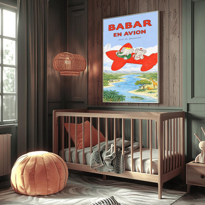 Babar en Avion Print - Vintage French Airplane Illustration