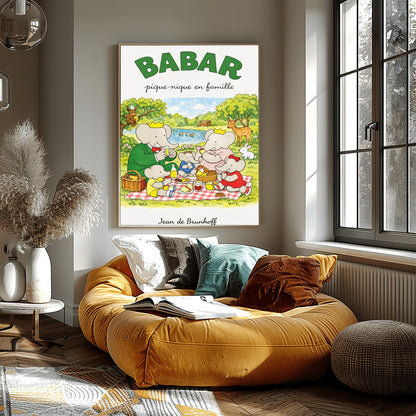 Babar Family Picnic Poster - Vintage French Storybook Art - Jean de Brunhoff Illustration