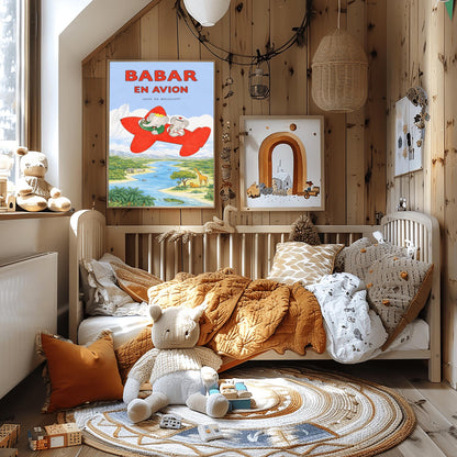 Babar en Avion Print - Vintage French Airplane Illustration