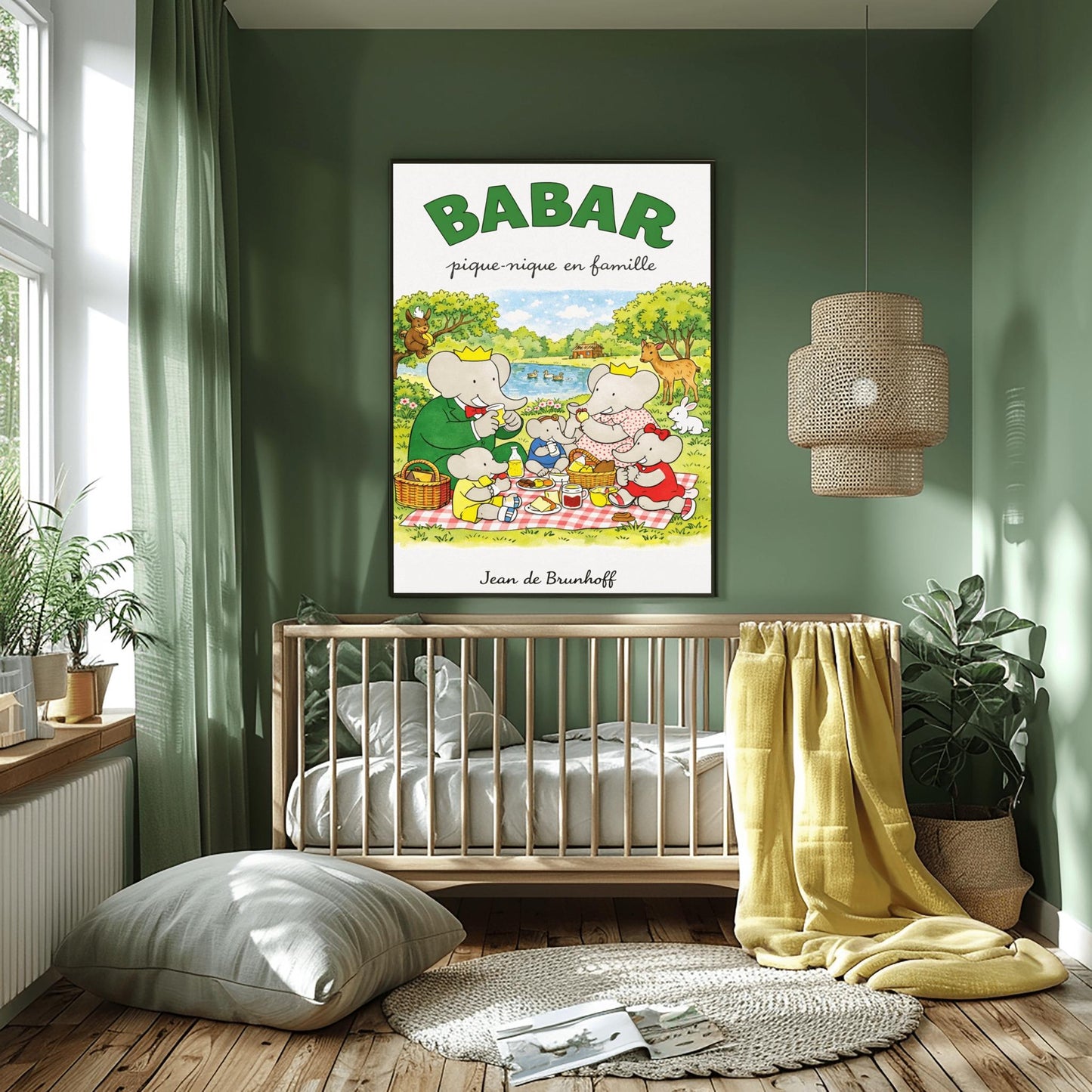 Babar Family Picnic Poster - Vintage French Storybook Art - Jean de Brunhoff Illustration