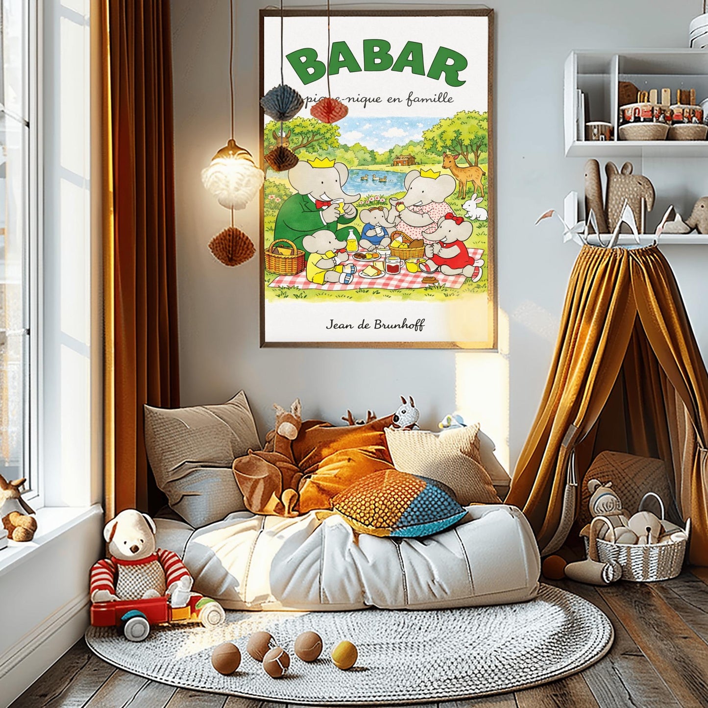 Babar Family Picnic Poster - Vintage French Storybook Art - Jean de Brunhoff Illustration