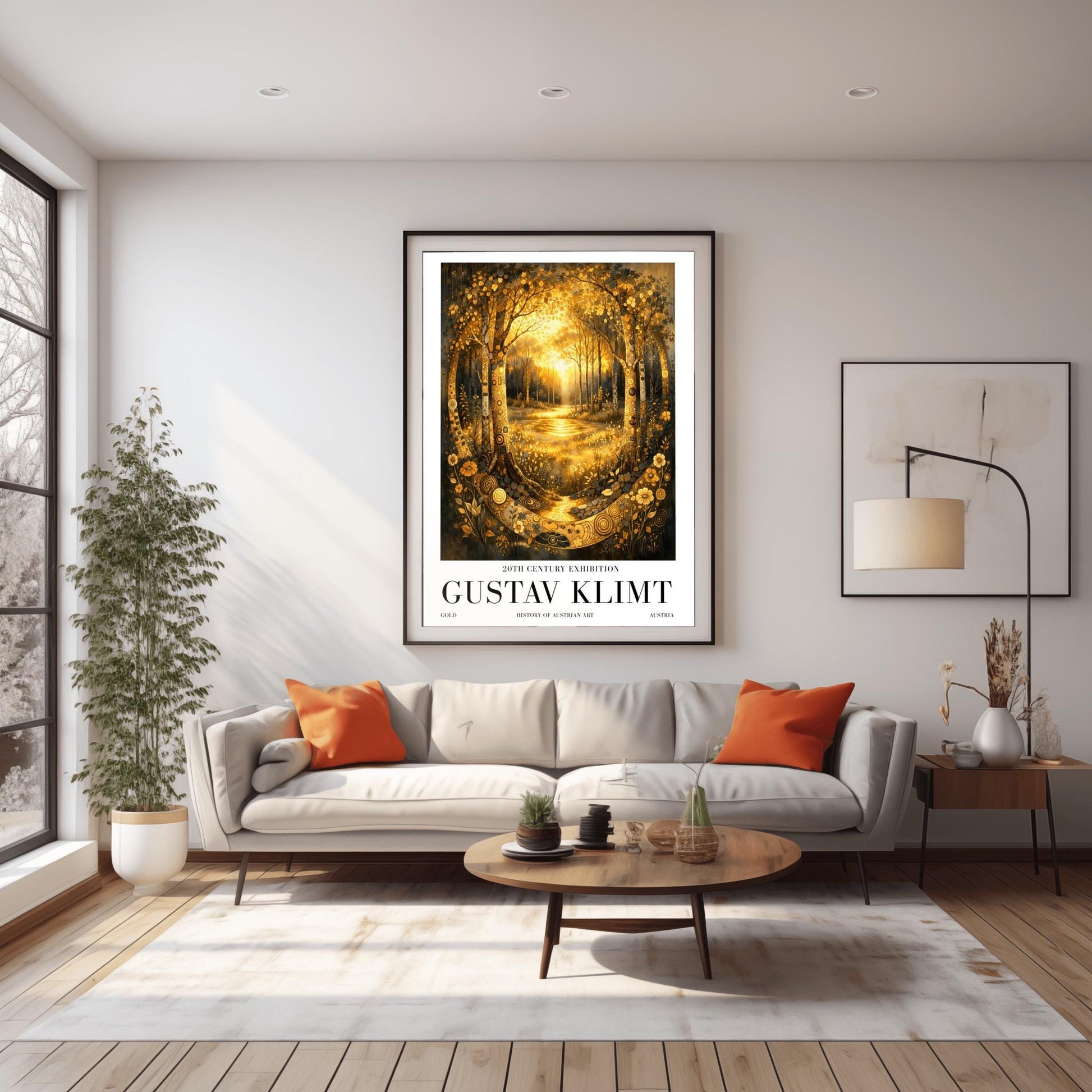 A vertical exhibition poster for Gustav Klimt featuring a golden forest. Two highly decorative trees with mosaic patterns frame a sunlit glade. A golden stream flows toward the viewer through shimmering flowers. Text at the bottom reads "Gustav Klimt, 20th Century Exhibition."