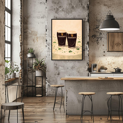 A vertical illustration of two pints of Guinness stout sitting side-by-side on a light cream surface. Green shamrocks and confetti are scattered around the base of the glasses. The pints feature the golden harp logo. The overall style is painterly and warm.