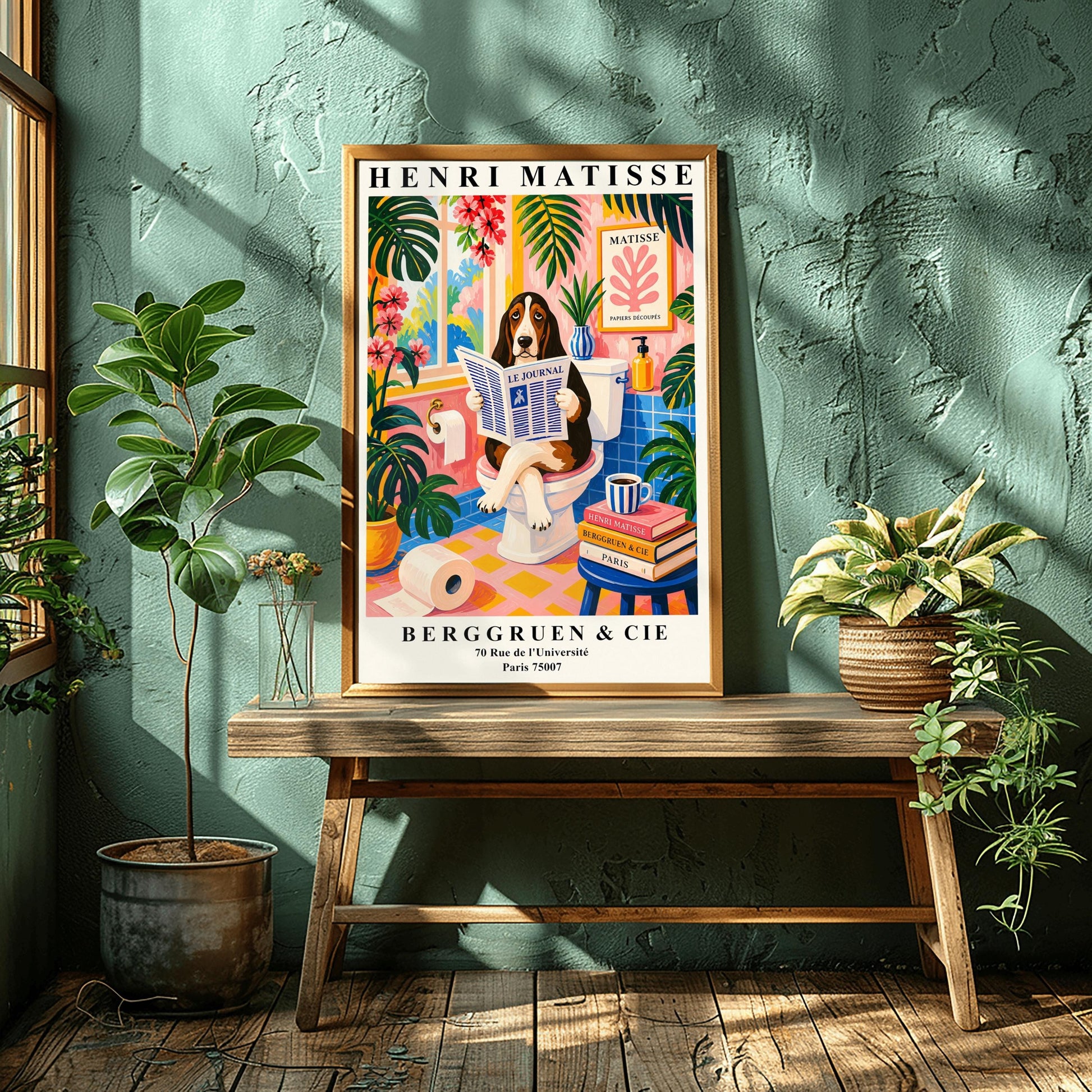 A vertical maximalist art print designed as a Henri Matisse exhibition poster. A brown, black, and white Basset Hound is sitting on a white toilet with its legs crossed, holding and reading a newspaper titled "Le Journal." The bathroom is vibrantly colored with pink walls, blue wall tiles, and a pink and yellow checkered floor. The room is filled with large green tropical plants and red flowers. A stack of art books and a striped mug sit on a blue stool.