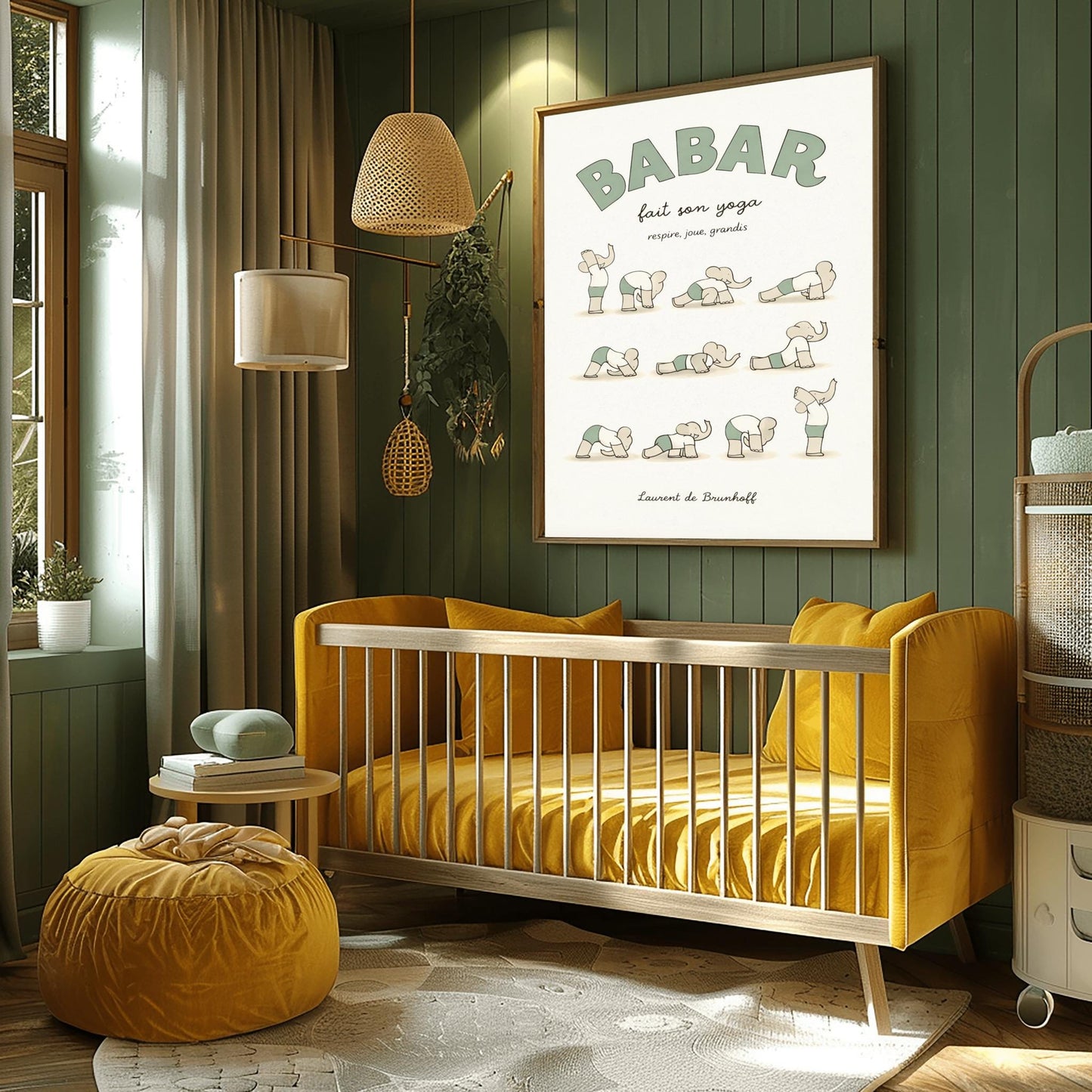 A vertical art print in muted sage green and cream tones titled "BABAR fait son yoga" with the subtitle "respire, joue, grandis." The poster shows eleven small, minimalist illustrations of a grey elephant in various yoga poses, wearing a white shirt and sage green shorts. The background is a soft off-white with a subtle paper texture, and the artist's name "Laurent de Brunhoff" is at the bottom.