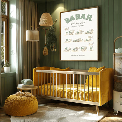 A vertical art print in muted sage green and cream tones titled "BABAR fait son yoga" with the subtitle "respire, joue, grandis." The poster shows eleven small, minimalist illustrations of a grey elephant in various yoga poses, wearing a white shirt and sage green shorts. The background is a soft off-white with a subtle paper texture, and the artist's name "Laurent de Brunhoff" is at the bottom.