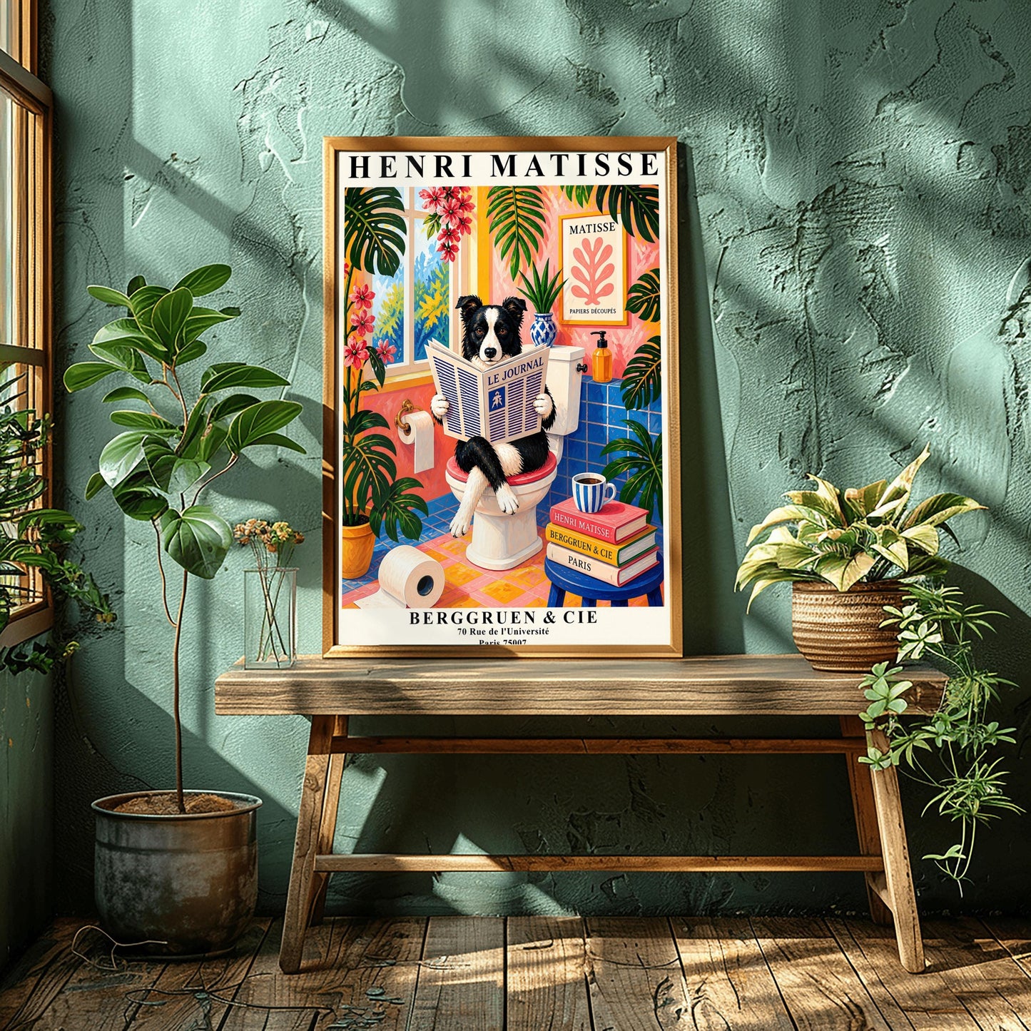 A vertical maximalist art print designed as a Henri Matisse exhibition poster. A black and white Border Collie is sitting on a white toilet with its legs crossed, holding and reading a newspaper titled "Le Journal." The bathroom is vibrantly colored with pink walls, blue wall tiles, and a pink and yellow checkered floor. The room is filled with large green tropical plants and red flowers. A stack of art books and a striped mug sit on a blue stool.