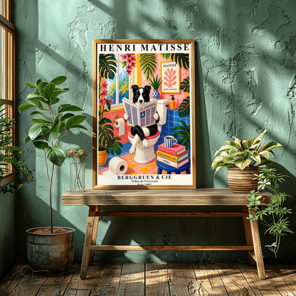 A vertical maximalist art print designed as a Henri Matisse exhibition poster. A black and white Border Collie is sitting on a white toilet with its legs crossed, holding and reading a newspaper titled "Le Journal." The bathroom is vibrantly colored with pink walls, blue wall tiles, and a pink and yellow checkered floor. The room is filled with large green tropical plants and red flowers. A stack of art books and a striped mug sit on a blue stool.