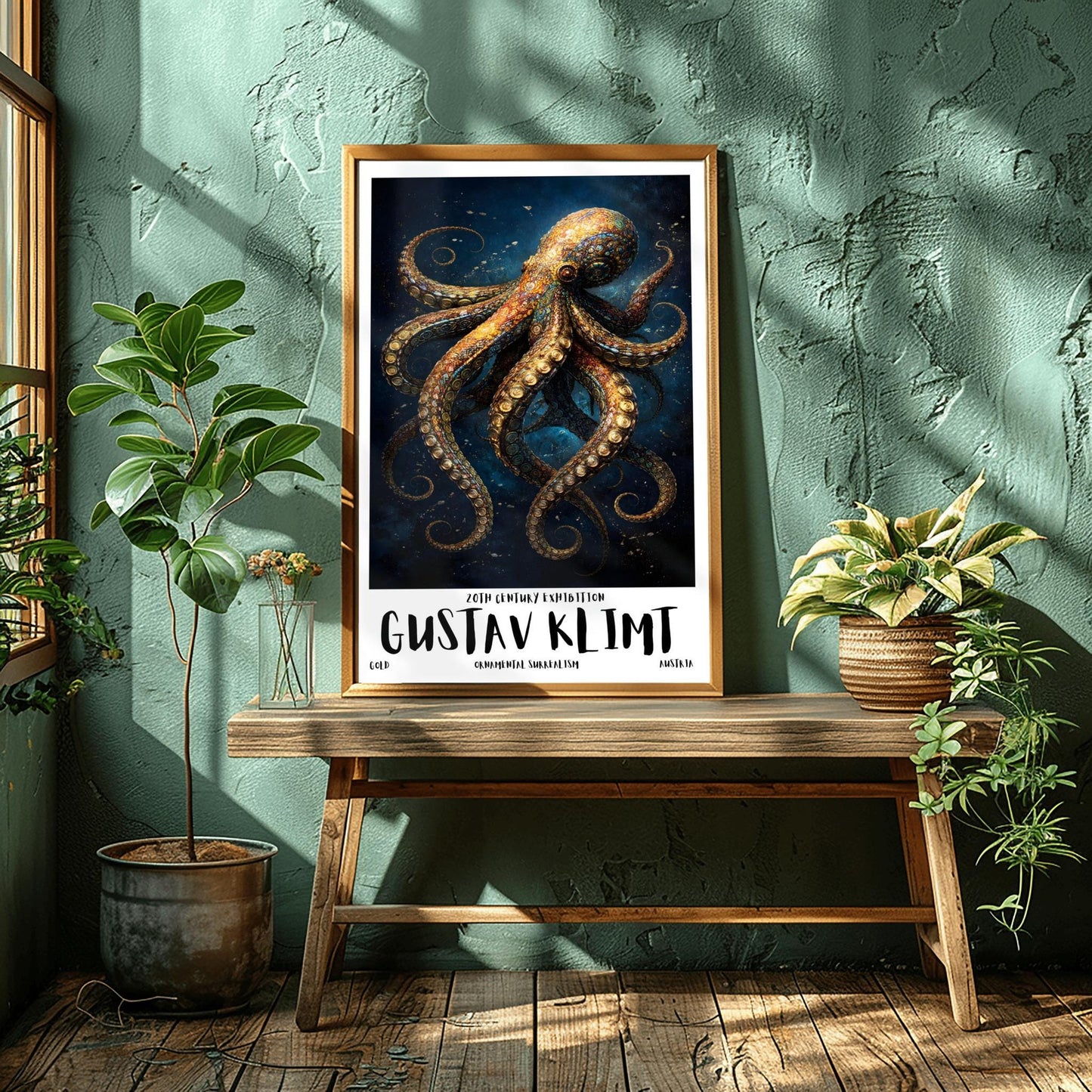 A vertical exhibition poster for Gustav Klimt featuring a highly detailed octopus against a dark navy background. The octopus is covered in golden mosaic patterns and spirals. Below the art, bold text reads "GUSTAV KLIMT" and "Ornamental Surrealism."