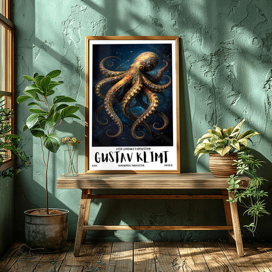 A vertical exhibition poster for Gustav Klimt featuring a highly detailed octopus against a dark navy background. The octopus is covered in golden mosaic patterns and spirals. Below the art, bold text reads "GUSTAV KLIMT" and "Ornamental Surrealism."