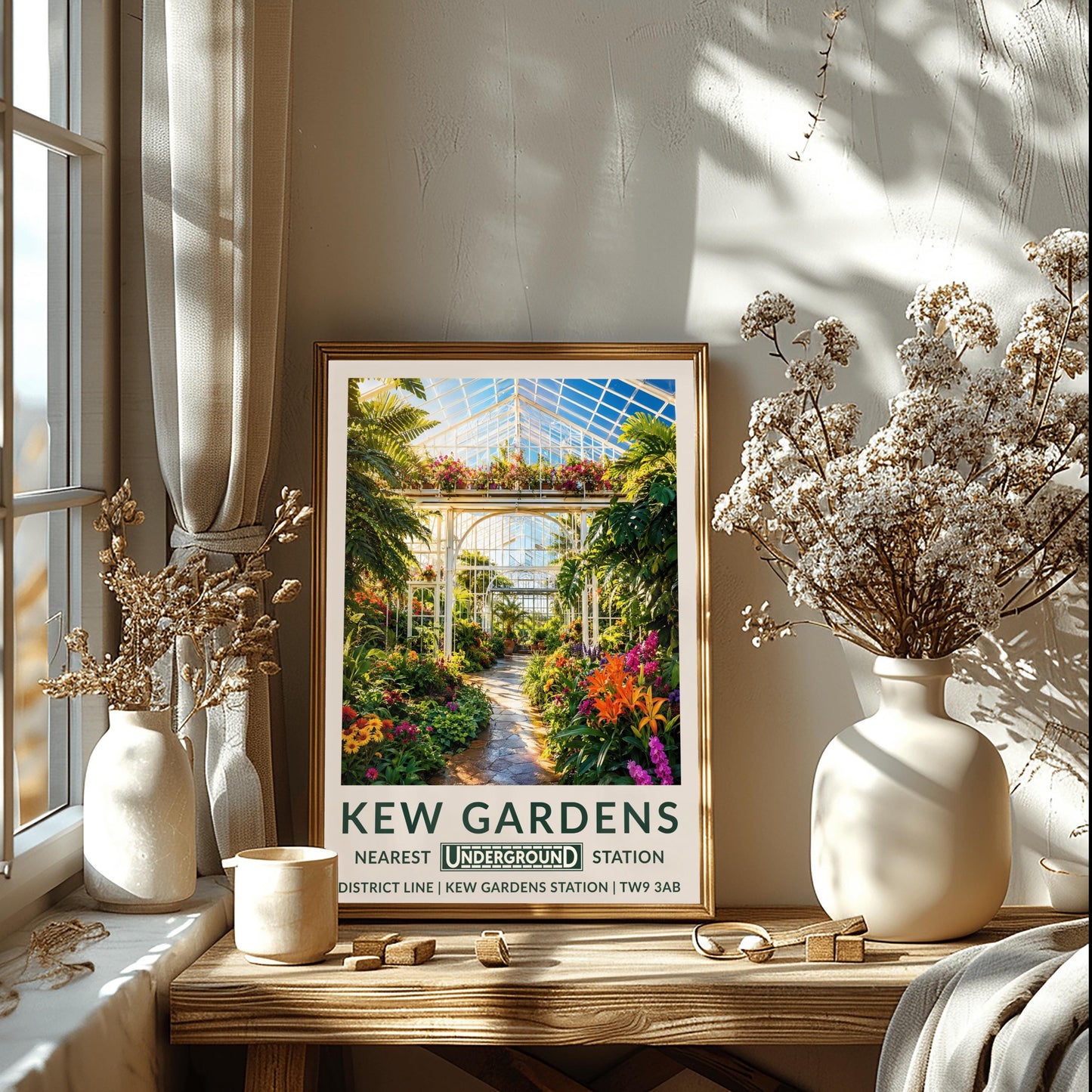 A vertical retro London Underground travel poster for Kew Gardens on a wide cream border. The top image shows a sun-drenched illustration inside a massive Victorian glasshouse conservatory. On the left, an elegant, ornate white wrought-iron spiral staircase winds upward. A pathway curves through a dense jungle of towering green fan palms, highlighted by bright pink and purple orchids and orange flowers.