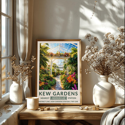 A vertical retro London Underground travel poster for Kew Gardens on a wide cream border. The top image shows a sun-drenched illustration inside a massive Victorian glasshouse conservatory. On the left, an elegant, ornate white wrought-iron spiral staircase winds upward. A pathway curves through a dense jungle of towering green fan palms, highlighted by bright pink and purple orchids and orange flowers.