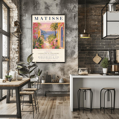 A French exhibition poster titled "MATISSE" at the top, featuring a pastel-toned painting of a Mediterranean coastal scene. A pathway lined with pink flowers, green agave plants, and yellow villas leads toward a blue sea and distant hills under a pink and gold sunset sky. A tall palm tree stands on the right. Elegant typography below the artwork text reads "Exposition Landscape at Collioure, Berggruen & Cie, Paris."