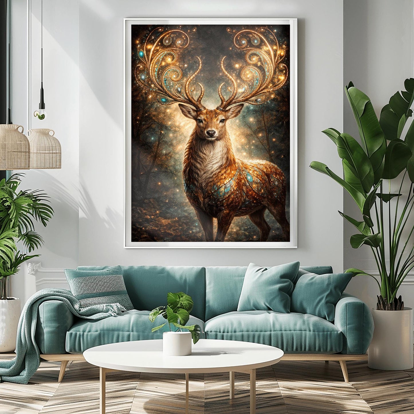 A vertical full-bleed illustration of a stag in the style of Gustav Klimt. The stag has massive, swirling golden antlers decorated with glowing gems. Its body is a mosaic of gold and turquoise. It stands in a misty, dark forest filled with golden sparks and floating embers.