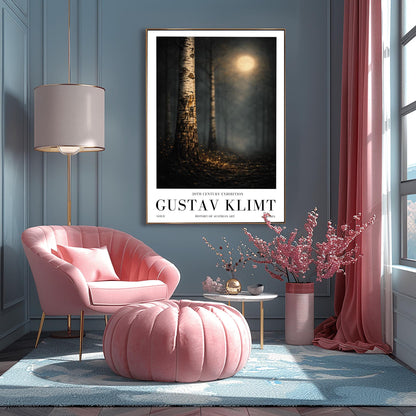 A vertical Art Nouveau illustration of a close-up birch tree trunk. The bark is covered in golden mosaic-like patterns and shimmering cracks. A soft, out-of-focus golden moon glows in a dark, misty forest background, and the ground is covered in glowing golden embers.