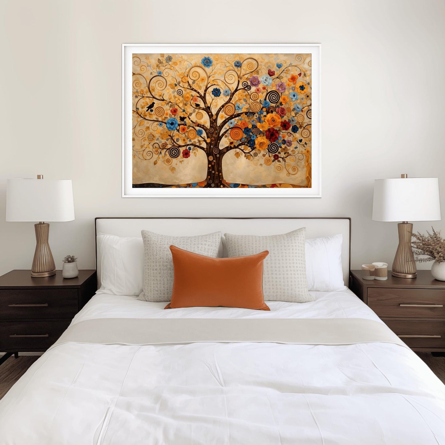 A horizontal fine art print in the style of Gustav Klimt. A large tree with dark branches that curl into golden spirals fills the frame. The tree is decorated with a variety of colorful blue, orange, and red flowers and small black birds. The background is a warm cream color with faint, swirling patterns.