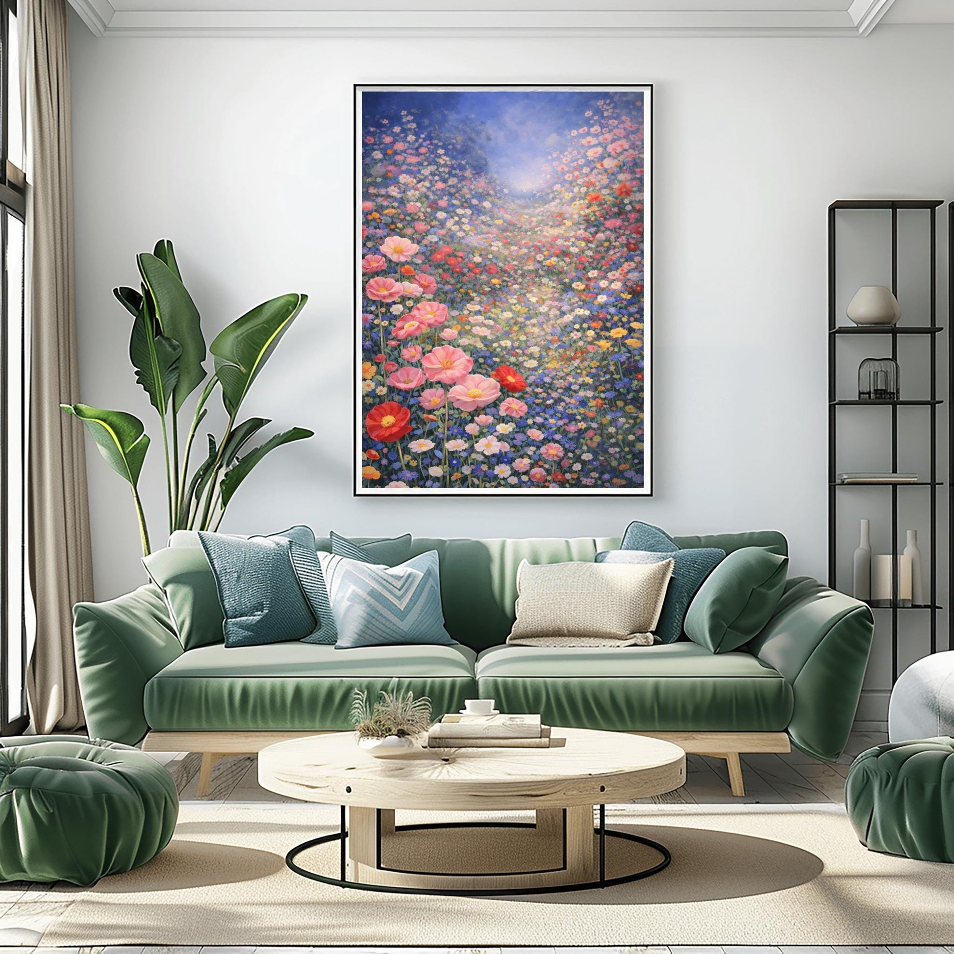 A vertical fine art landscape in the style of Gustav Klimt. A vast valley is filled with a dense sea of pink, red, blue, and white wildflowers. Large pink poppies are in the foreground, and the field stretches back to a hazy, sun-drenched horizon under a soft blue sky.